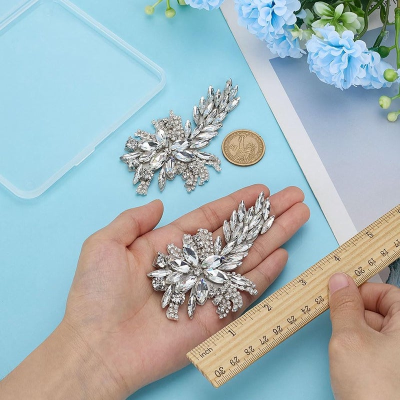 FINGERINSPIRE 2PCS Flower Crystal Applique Patch (Platinum, 3.9x2.2 inch) Flower Leaf Glass Rhinestones Applique Sew on Patch, Wedding Bridal Belt Applique DIY Embellishments for Costumes, Shoes - Image 3